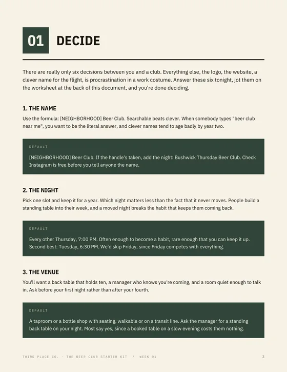 Playbook Week 01: the six decisions, each with a recommended default.