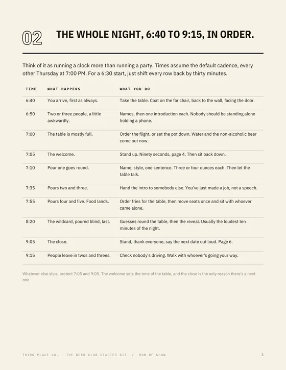 The First Night Script: a minute-by-minute run of show from 6:40 to 9:15.