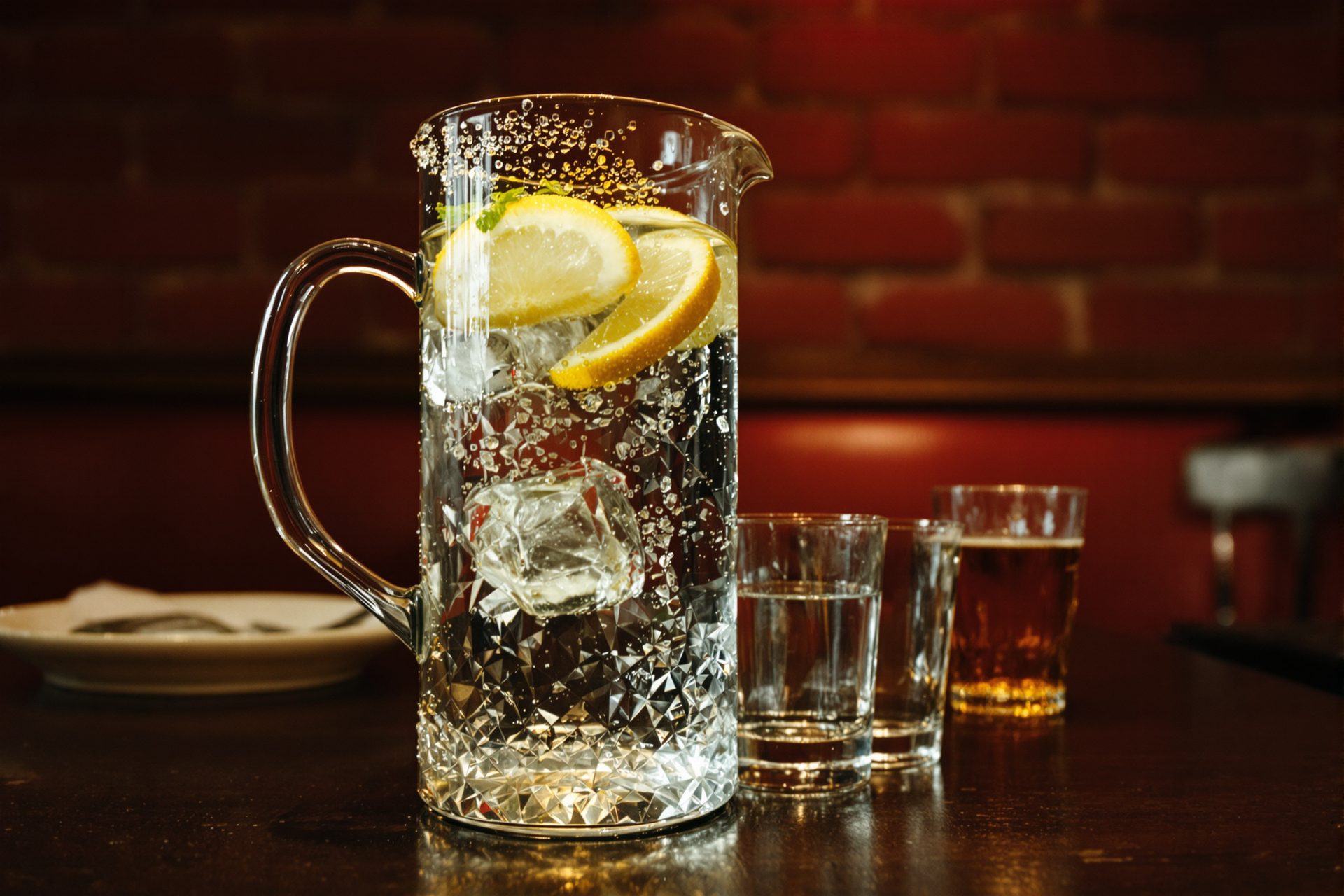 A jug of iced water with lemon on a dark pub table, a tumbler of water beside it and one small glass of beer out of focus behind.