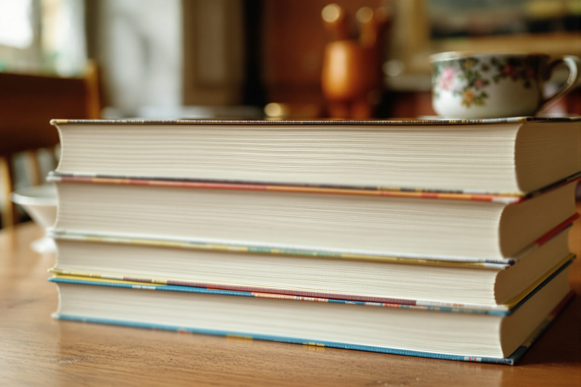 A short stack of well-thumbed paperbacks lying flat with their page edges to the camera, a cup of tea beside them.
