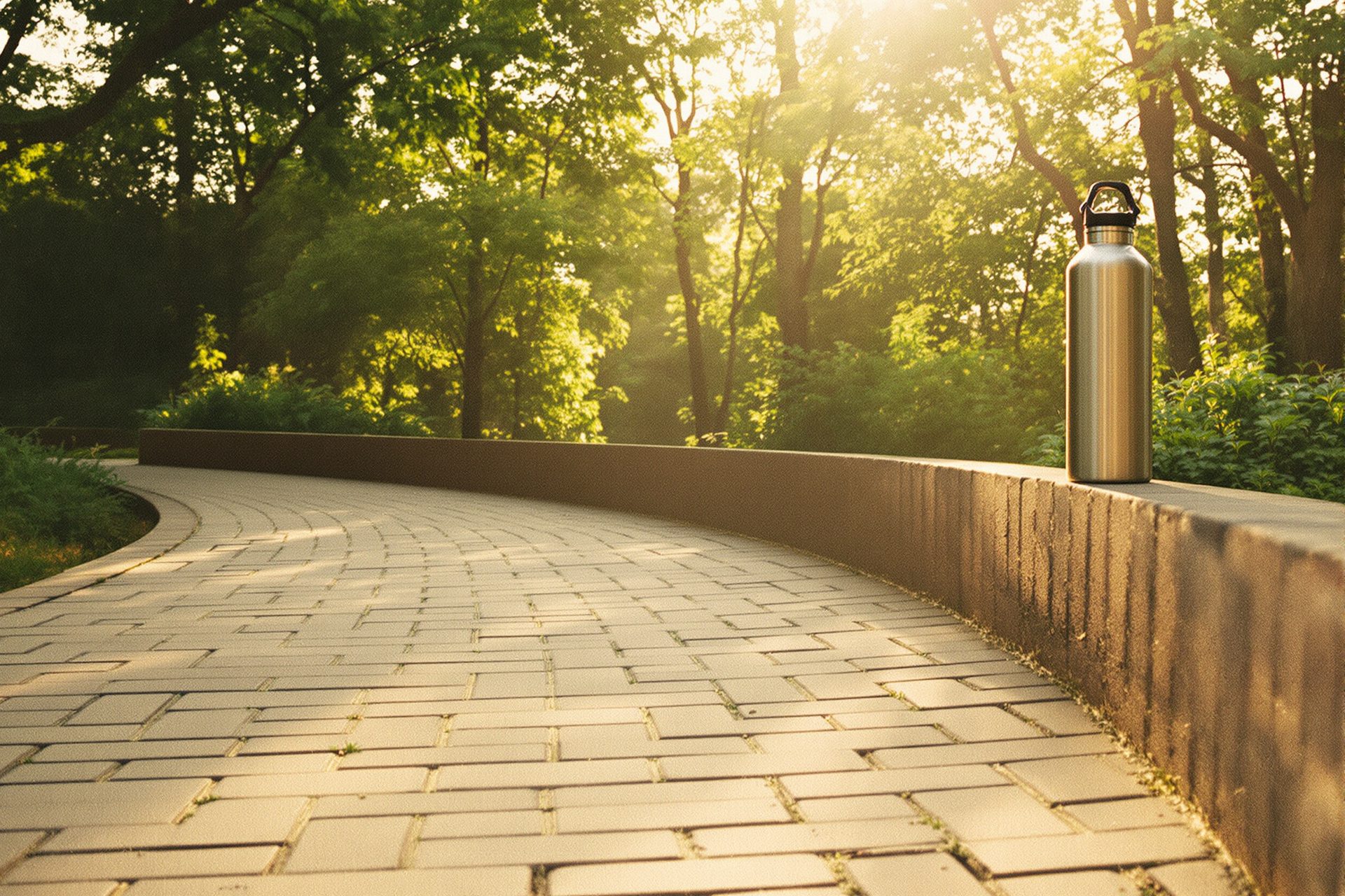 A park path curving away in dappled morning light, a water bottle standing on the low wall beside it.