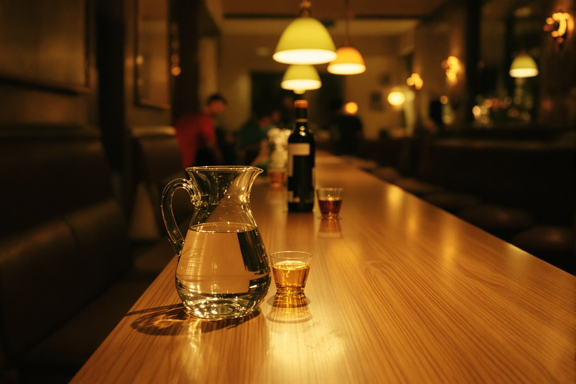 The near end of a long wooden bar table under one warm lamp, a jug of water and two small tasting glasses on it.