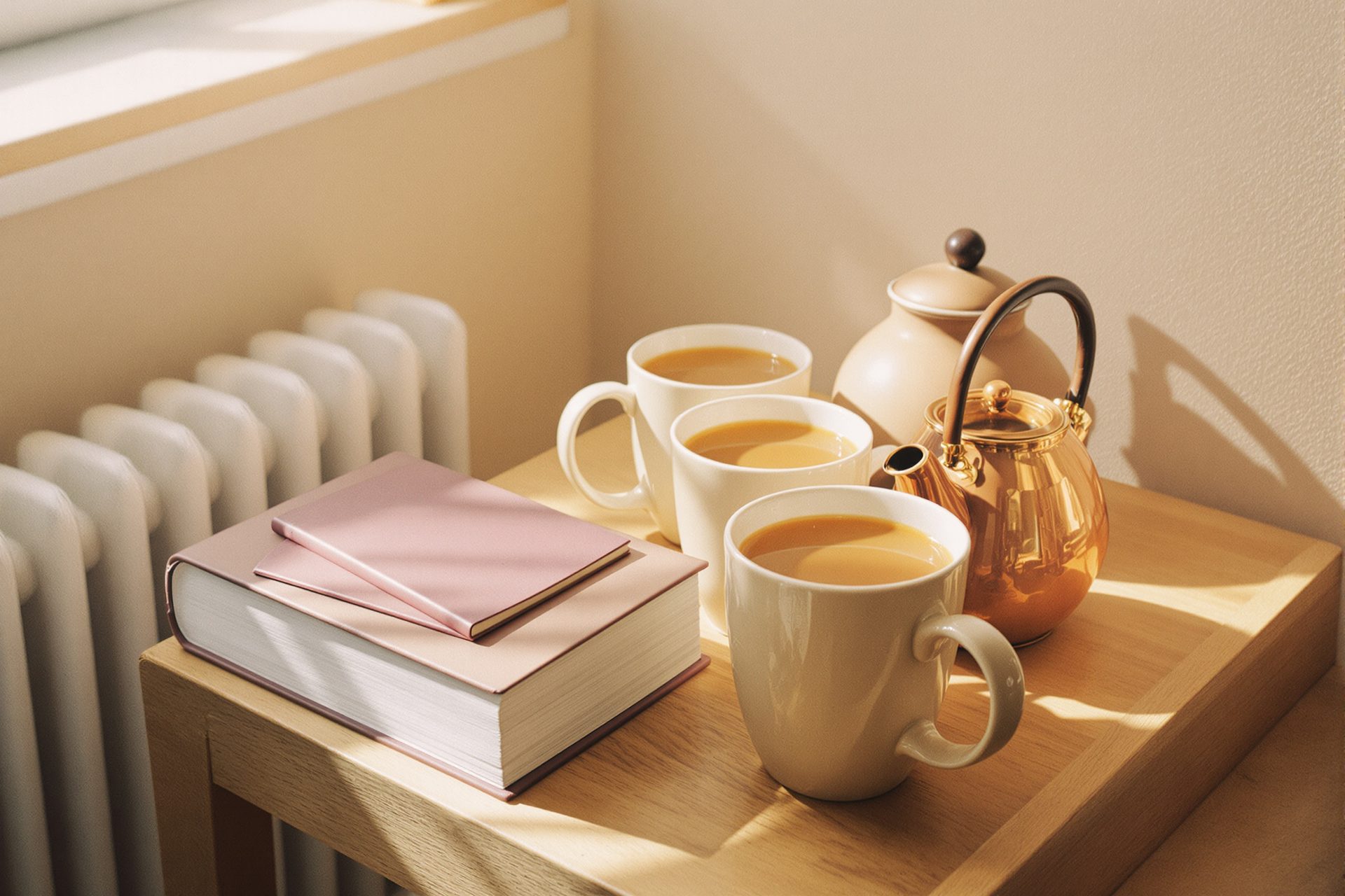 Three mugs of tea, a teapot and two closed books on the corner of a small wooden table in the afternoon light.