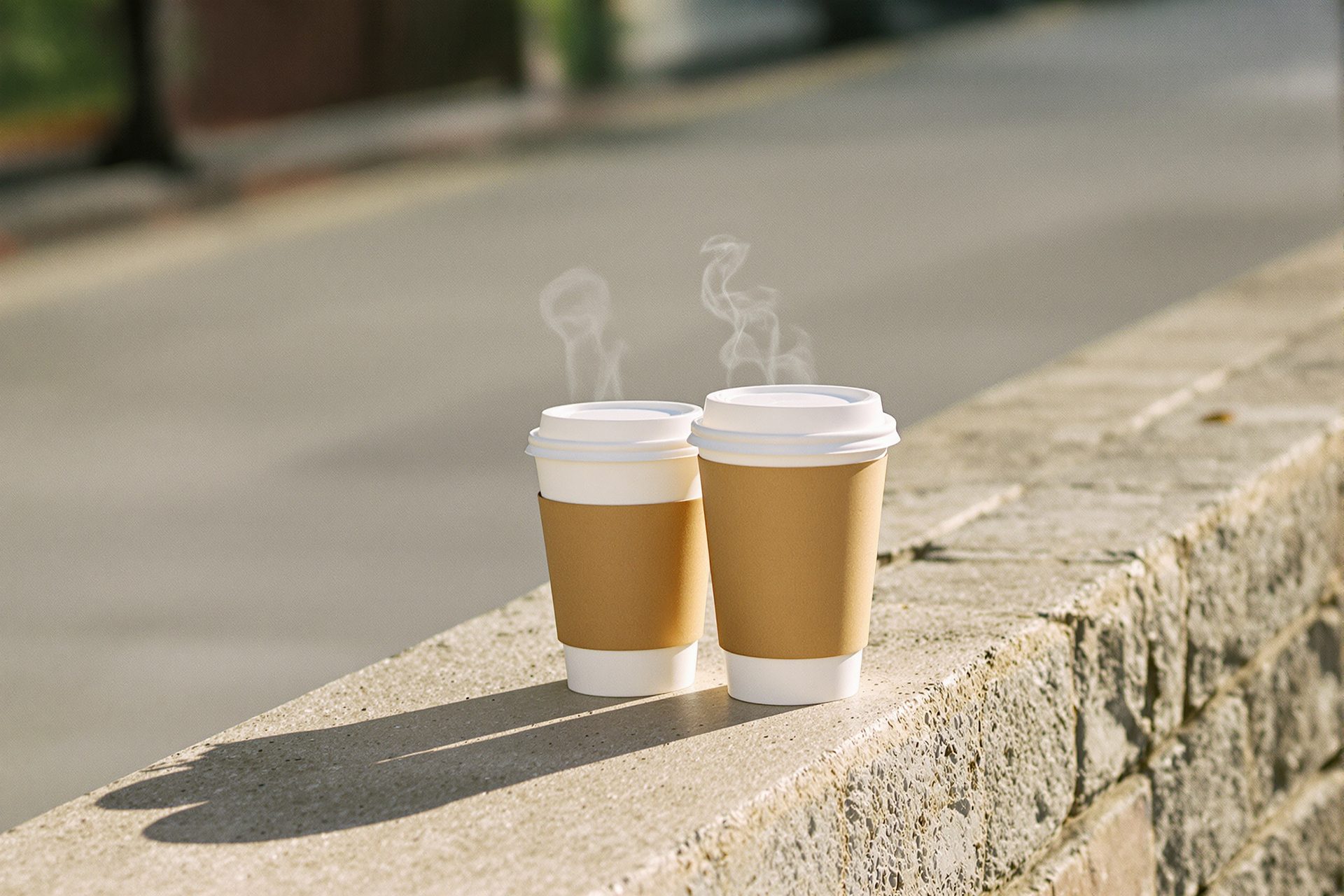 Two takeaway coffee cups on a low stone wall in the early morning sun, one still steaming, one half drunk.