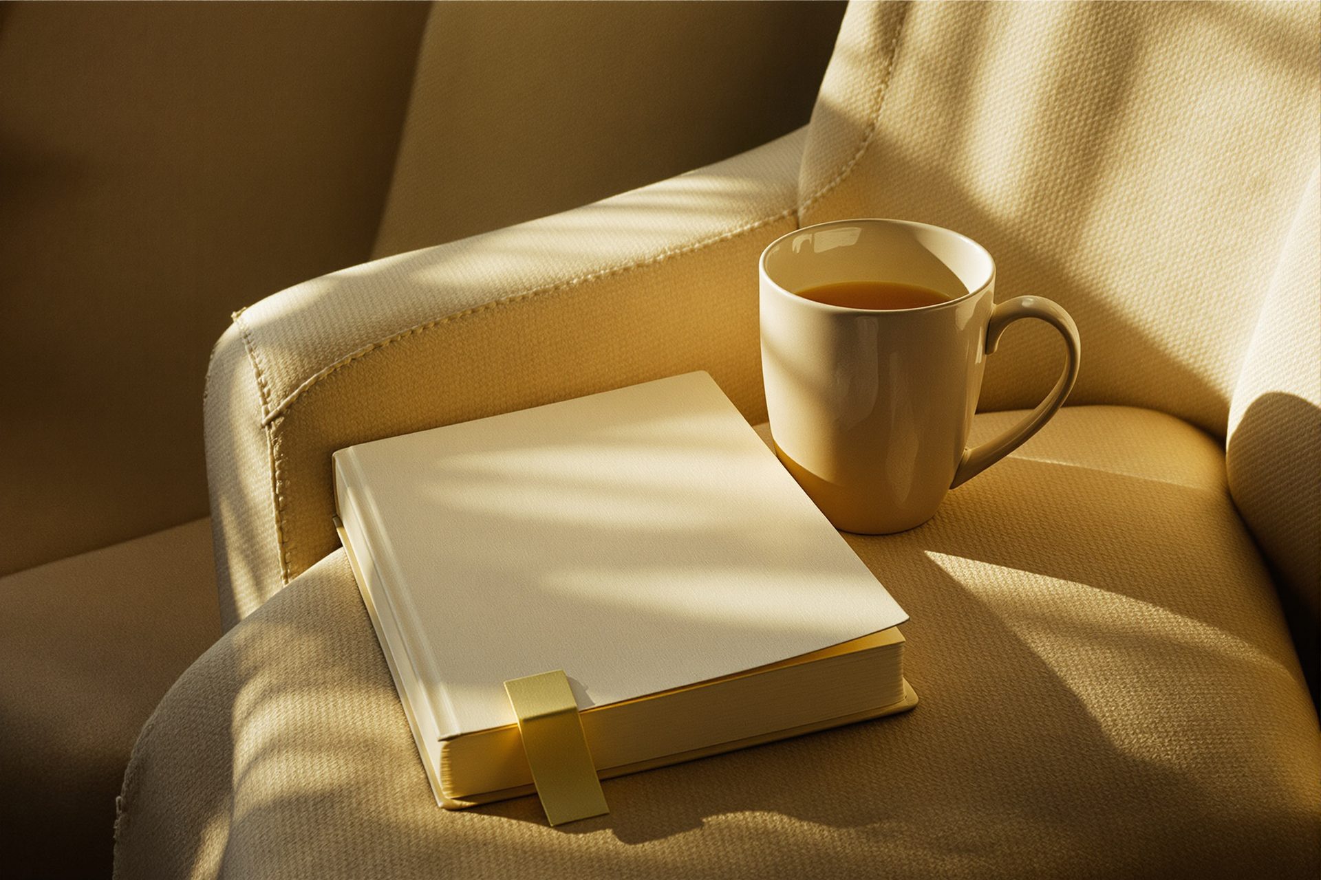 A closed book on the arm of a chair with a bookmark a third of the way in, a half-drunk mug of tea beside it.