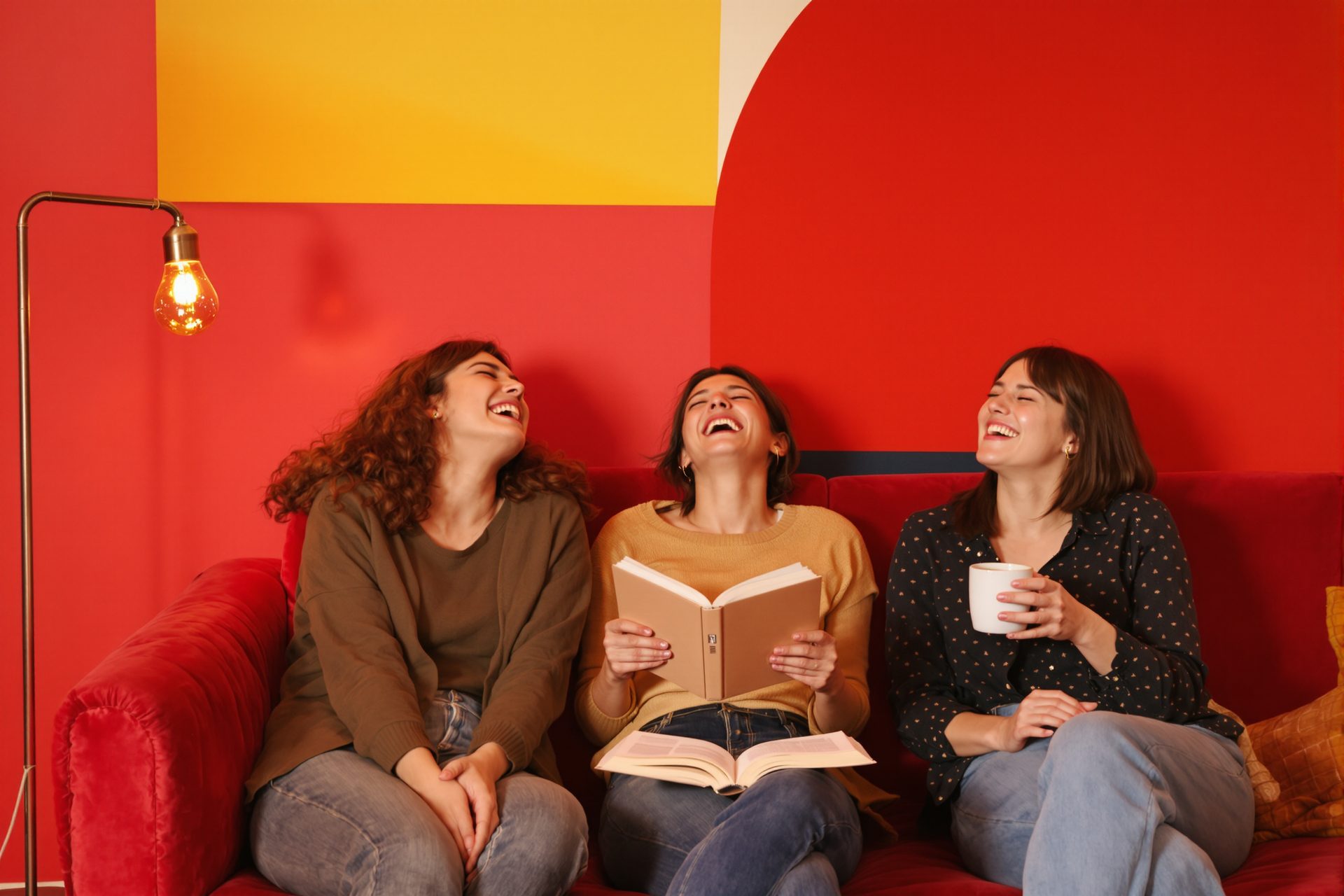 Three friends laughing together on a red sofa in a brightly painted room, a paperback and a mug in their hands.