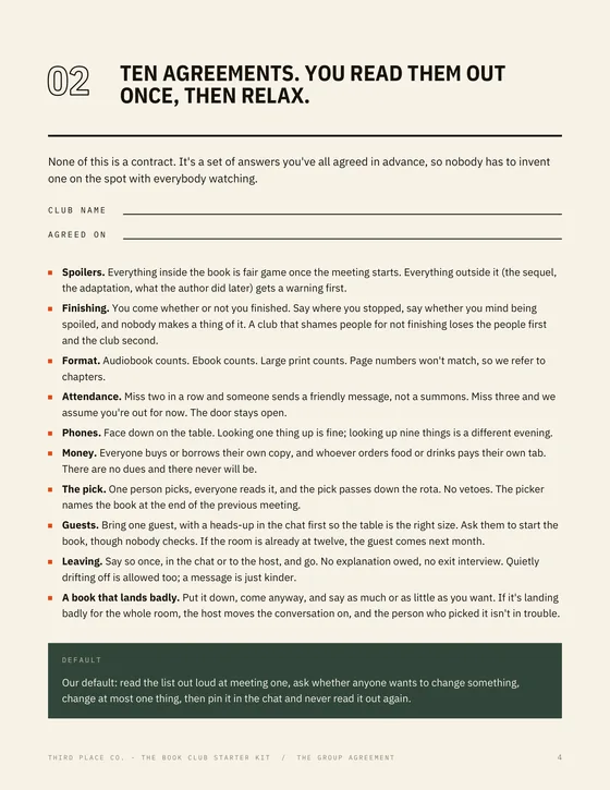 The group agreement: ten plain-language agreements to read out once.