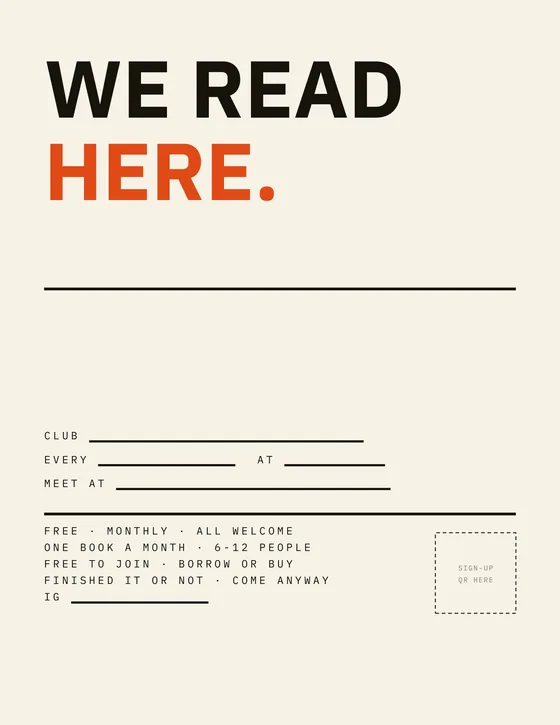 Poster A: WE READ HERE. A print-ready US Letter flyer with blanks to fill in.