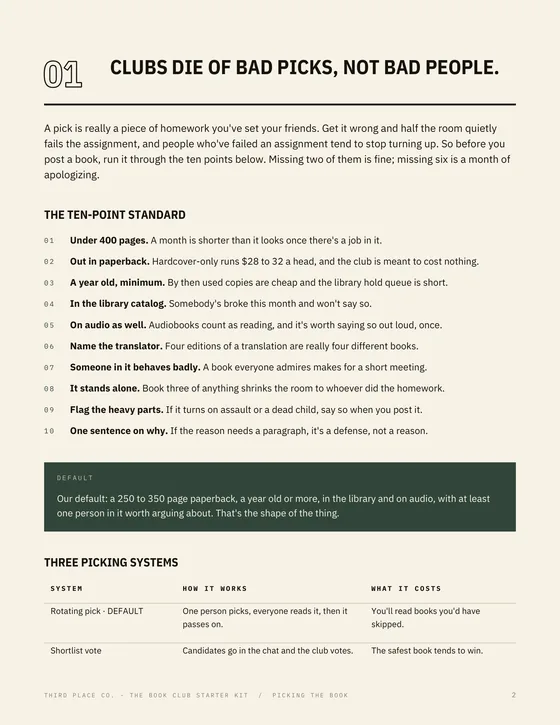 Book Picking: the ten-point standard for a pick that works on a group.