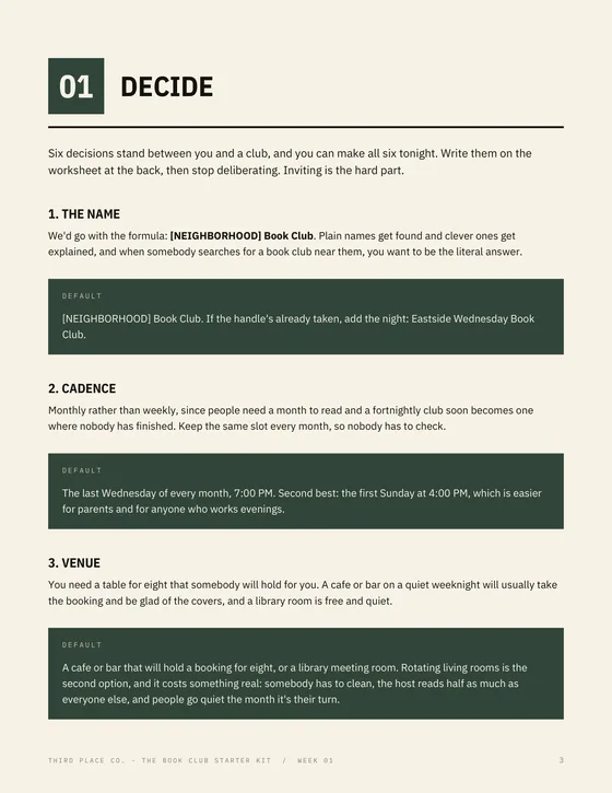 Playbook Week 01: the six decisions, each with a recommended default.