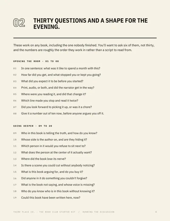 Thirty discussion questions that work on any book, grouped into four movements.