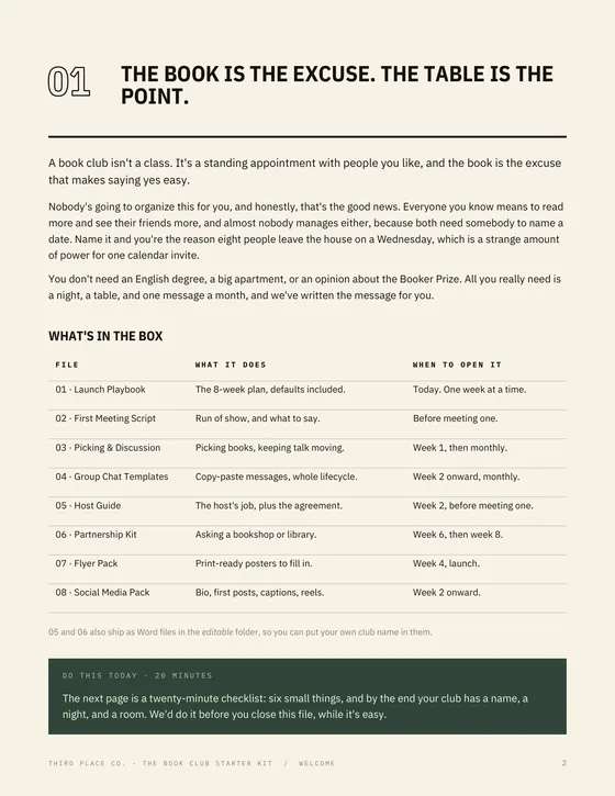 The Start Here page: the book is the excuse, the table is the point.