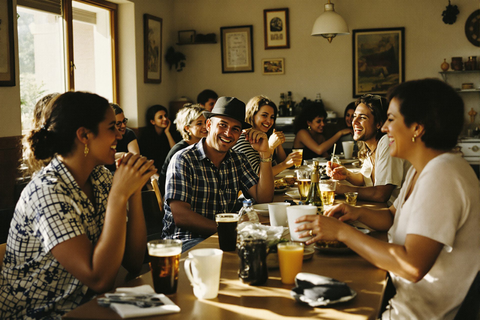 A long table in a neighbourhood cafe in the evening, a dozen people talking along both sides of it.