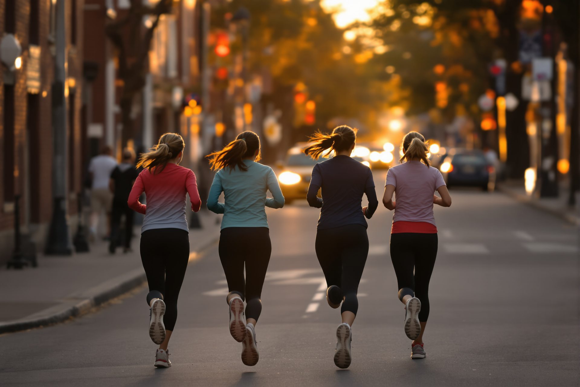 Four people running away down a city street at sunrise, seen from behind, the street soft and out of focus beyond them.