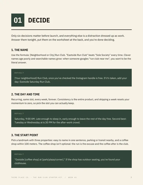 Kit page: Week 01, Decide, six decisions locked in one sitting.