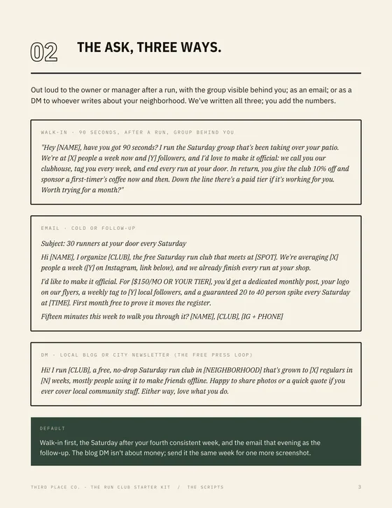 Kit page: sponsor pitch scripts, three ways to ask.