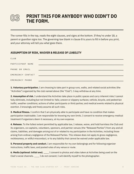 Kit page: printable waiver and release template.
